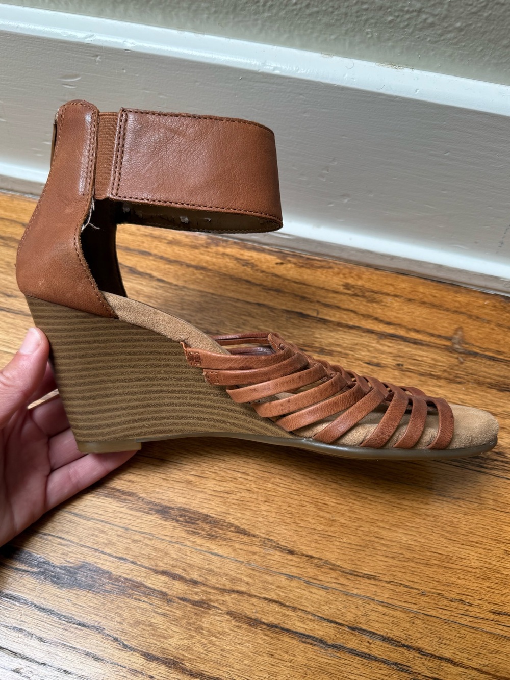 Aerosoles Brown Leather Strappy Wedge Sandals with Ankle Cuff